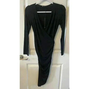 NWT Krisa Aline Ruched Faux wrap Black Long Sleeve Knee Length Dress Size XS